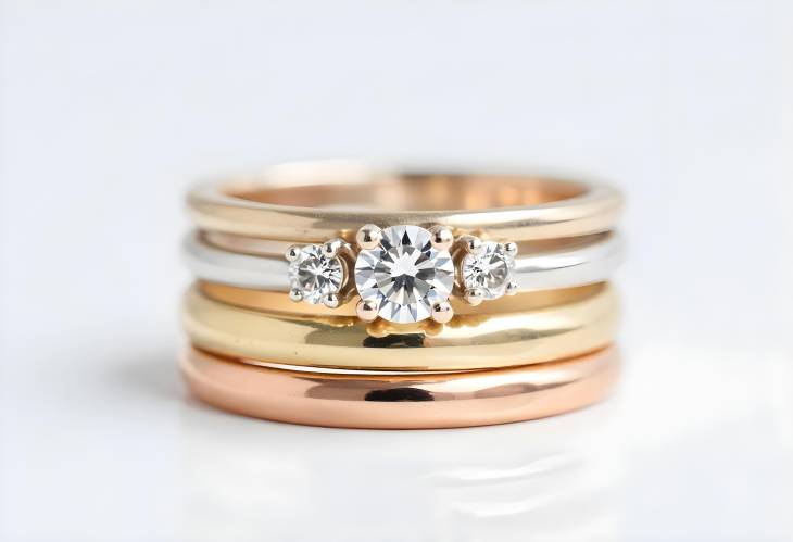 Elegant Collection of Diamond Stacked Rings on White Background